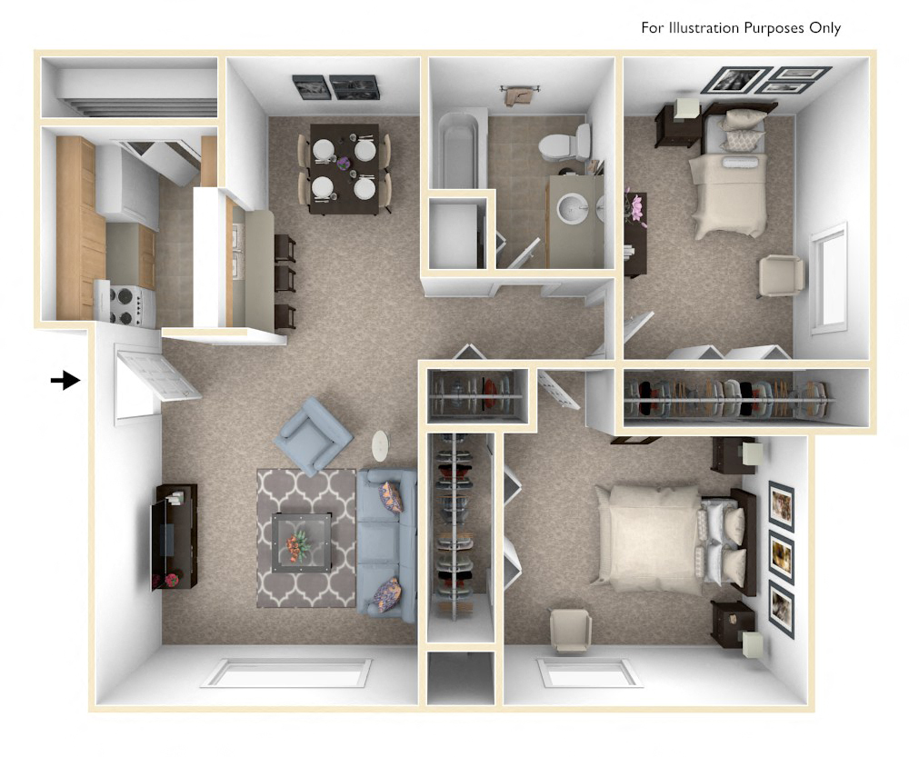 Two Bedroom Cape Cod Floor Plan at Trappers Cove Apartments, Michigan